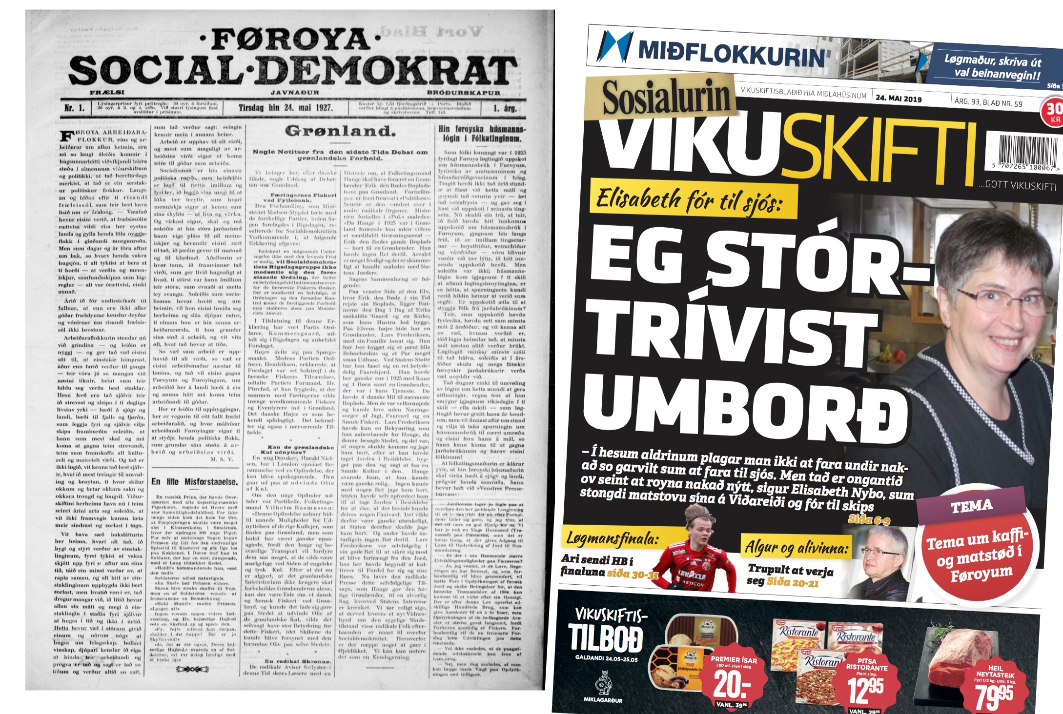 92 ár og so umleið 11.000 útgavur av Sosialinum, eru millum hesar báðar forsíðurnar. Fyrsta útgávan kom á gøtuni 24. mai í 1927